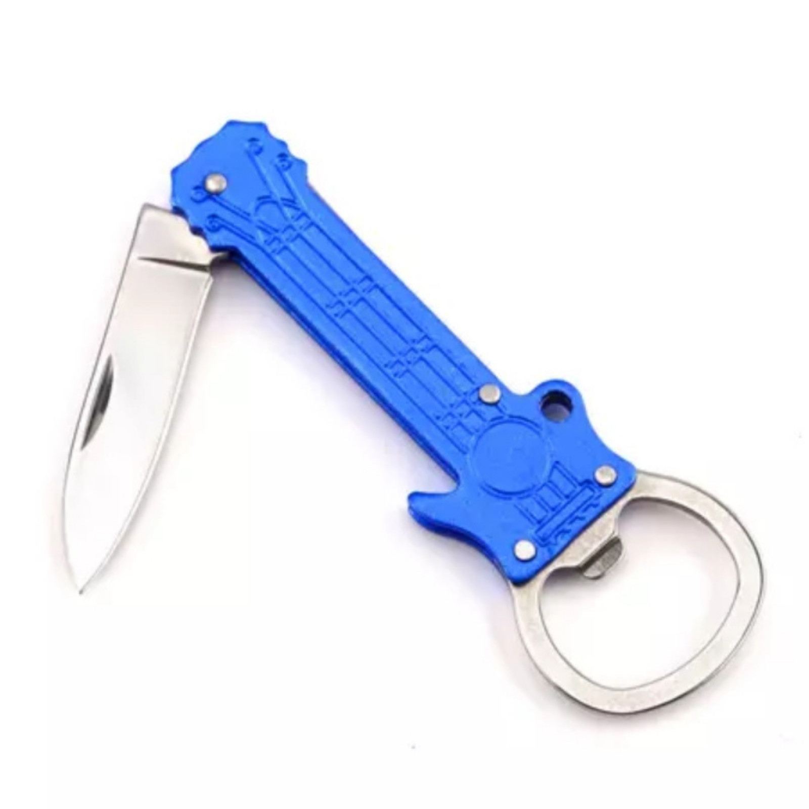 GUITAR SHAPE METAL KEY CHAIN & BOTTLE OPENER KNIFE PEELER SURVIVAL FOLDING BLADE