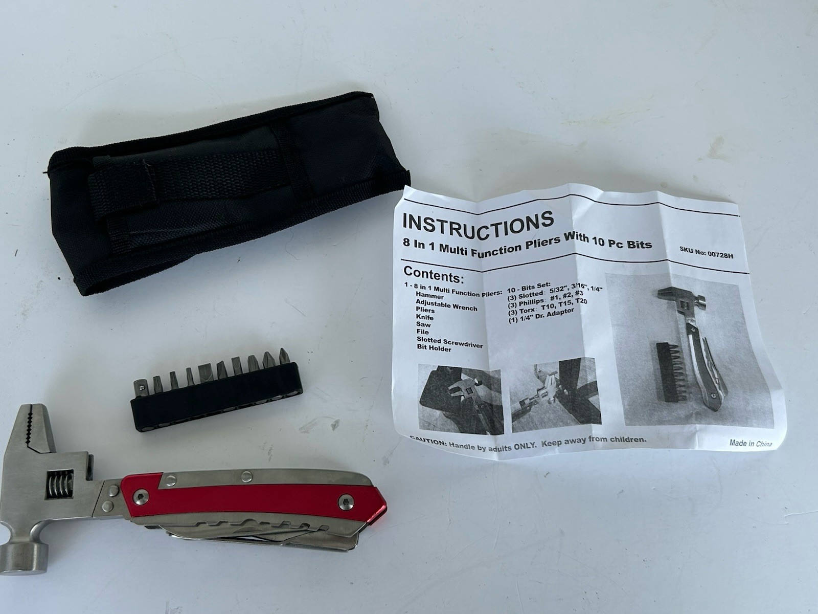 New 8-in-1 Multi Tool Hammer Adjustable Wrench Pliers Knife Bit Set w/ Sheath