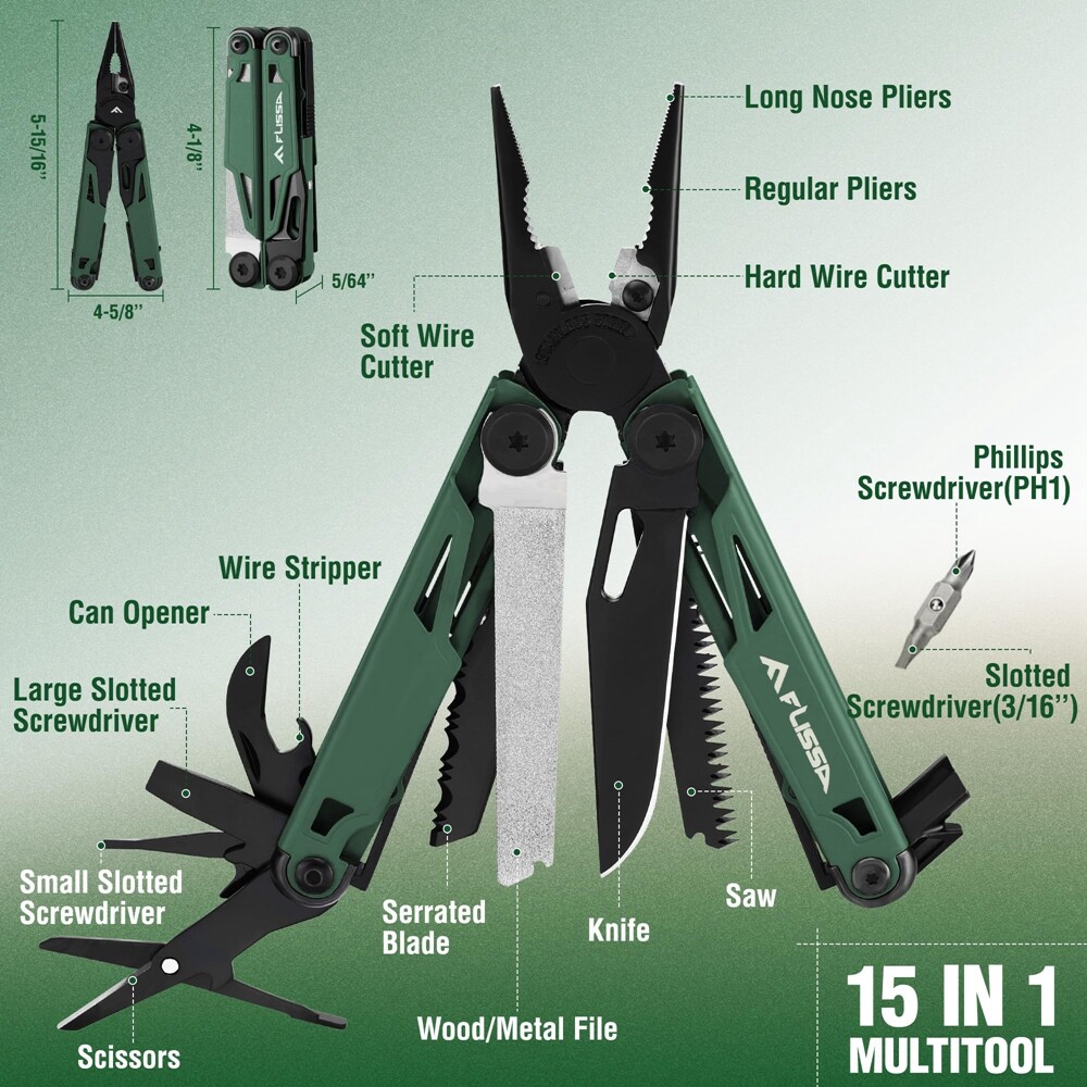 FLISSA 15-in-1 Multitool Multi Tool Pocket Knife with Sheath EDC Multitool Plier