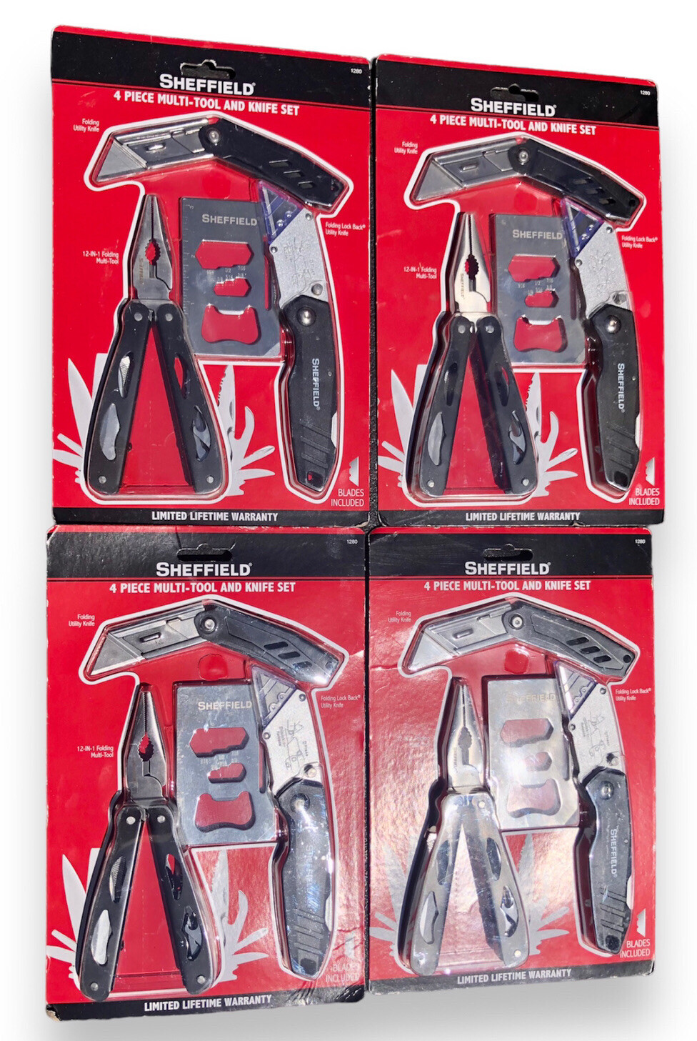 GIFT SET (4) Packs Sheffield 4-Piece Multi-Tool and Utility Knife w/Blades 1280