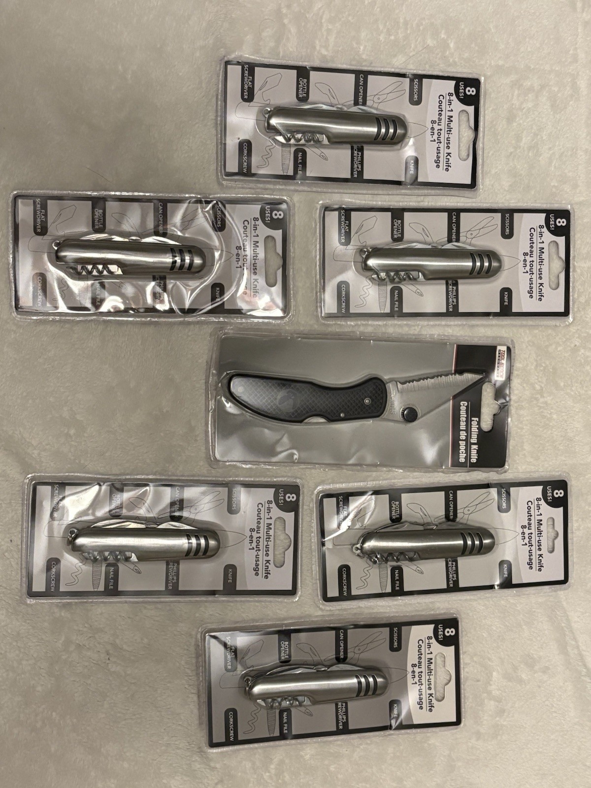 8-in-1 Stainless Steel Folding Multi-Tool Knife plus Knife. Lot of 7