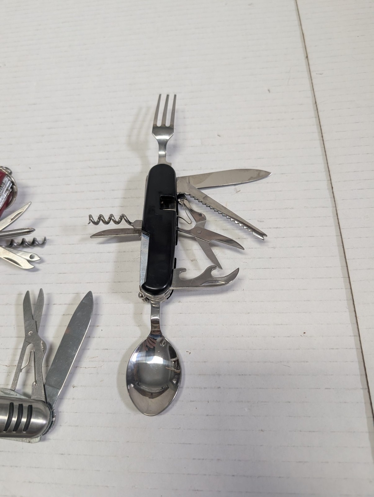 Multi Tool Pocket Knife Set 4pc Red Silver Black Camping Fork Spoon Corkscrew
