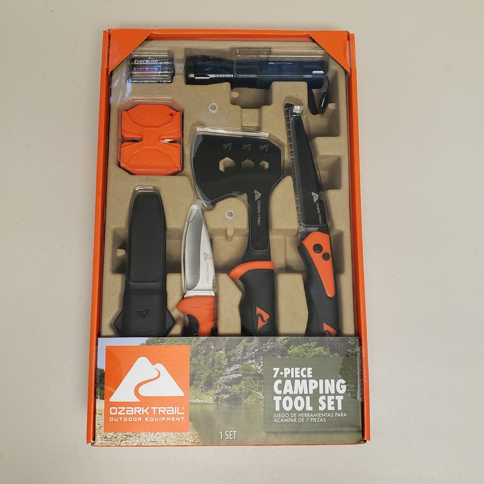 Ozark Trail 7 Piece Camping Tool Set with Hammer Flashlight Batteries Included