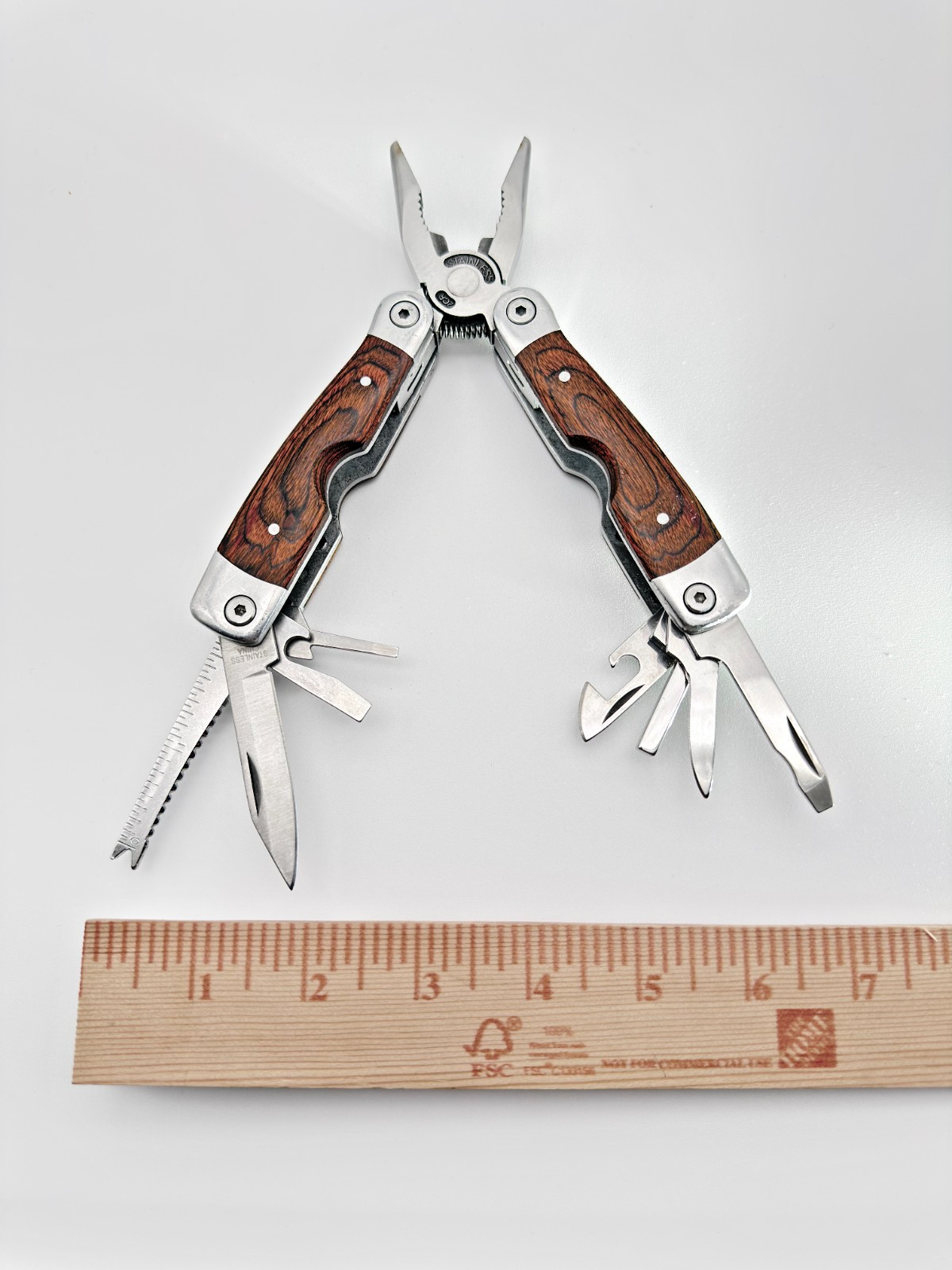 Stainless Steel Multi Tool Pliers Knife Saw Screwdrivers Wood Handle EDC