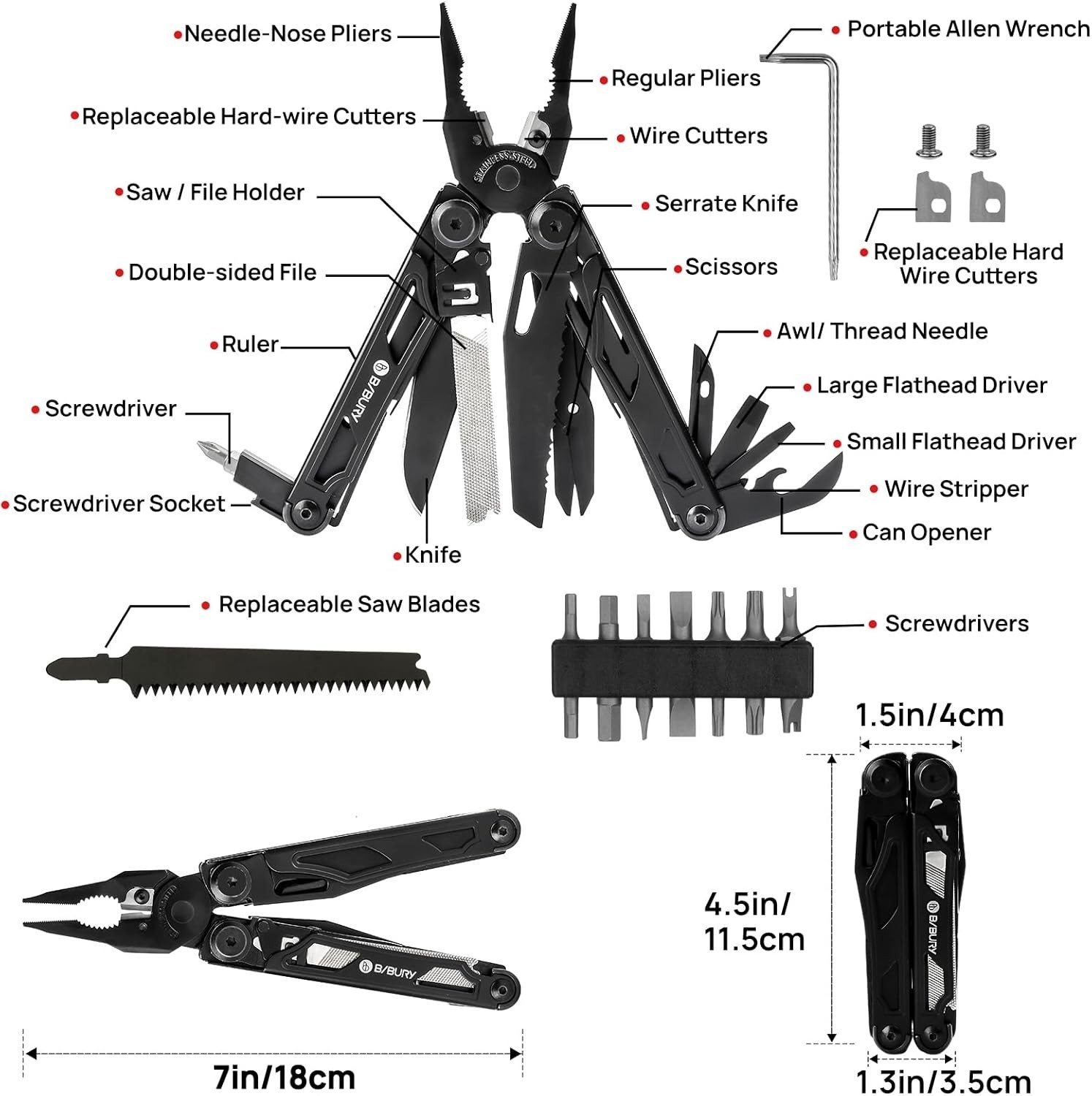 BIBURY Multitool Pliers Pro BI2045AB, Stainless Steel Foldable Multi Tool wit…