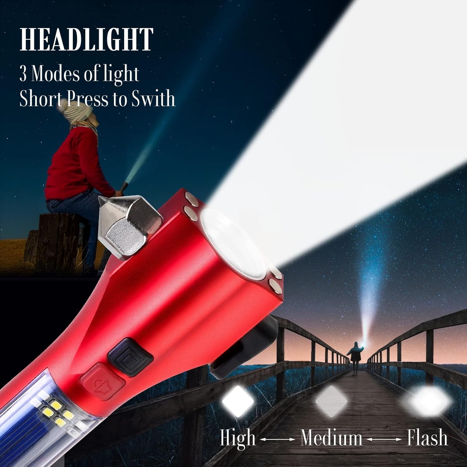 Flashlights for Emergencies, Window Breaker Seatbelt Cutter Multifunction Red