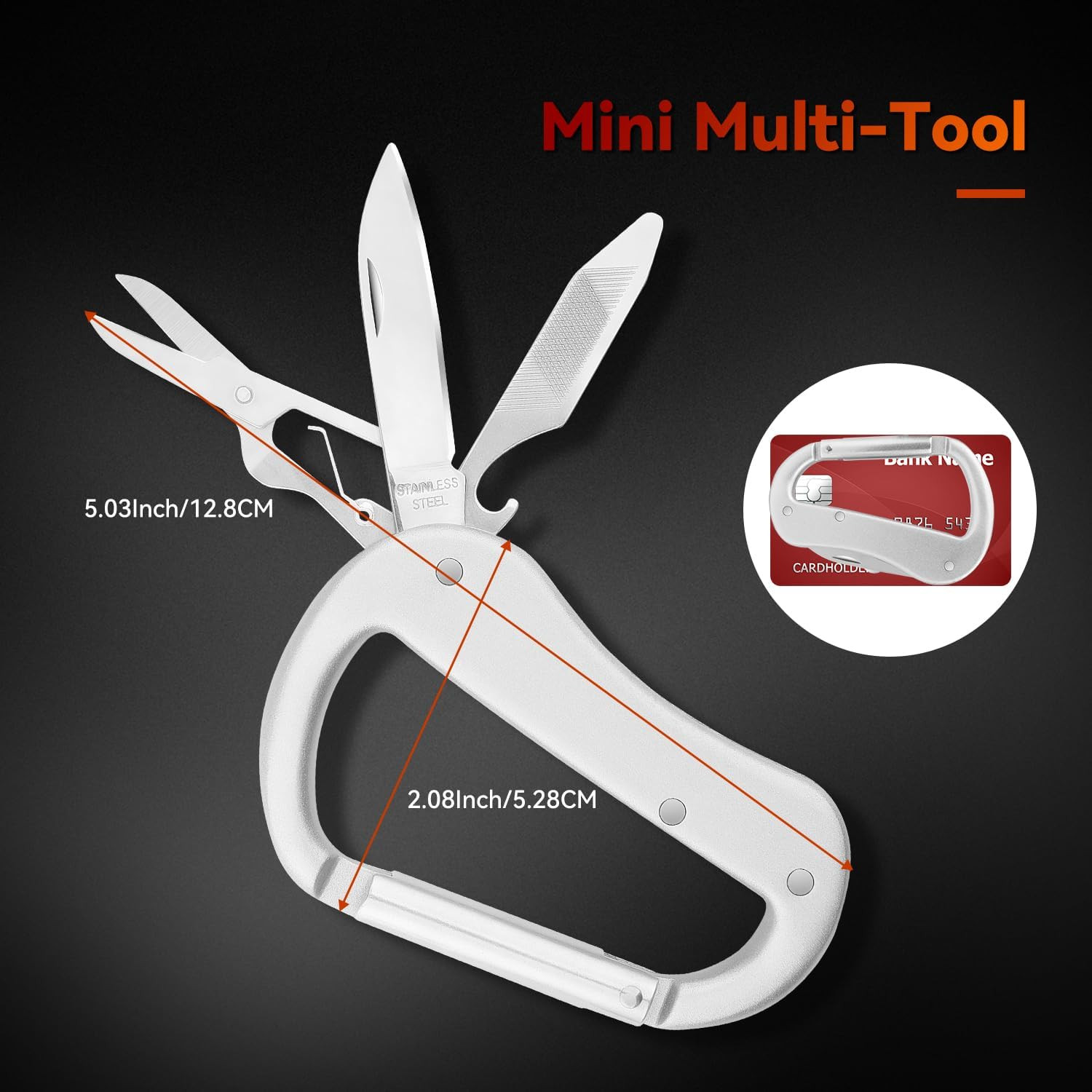 Multitool Carabiner with Pocket Knife, Bottle Opener,Nail File,Small Scissors,Ed