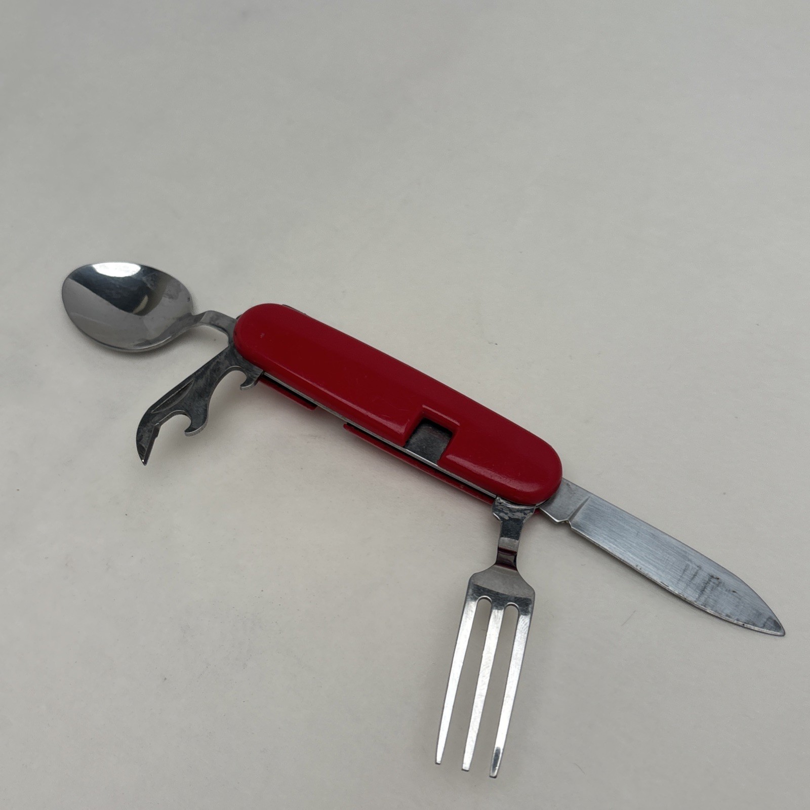 Vintage Red Camper 6 Tool Folding Knife Spoon Fork Can & Bottle Opener Hunt Camp