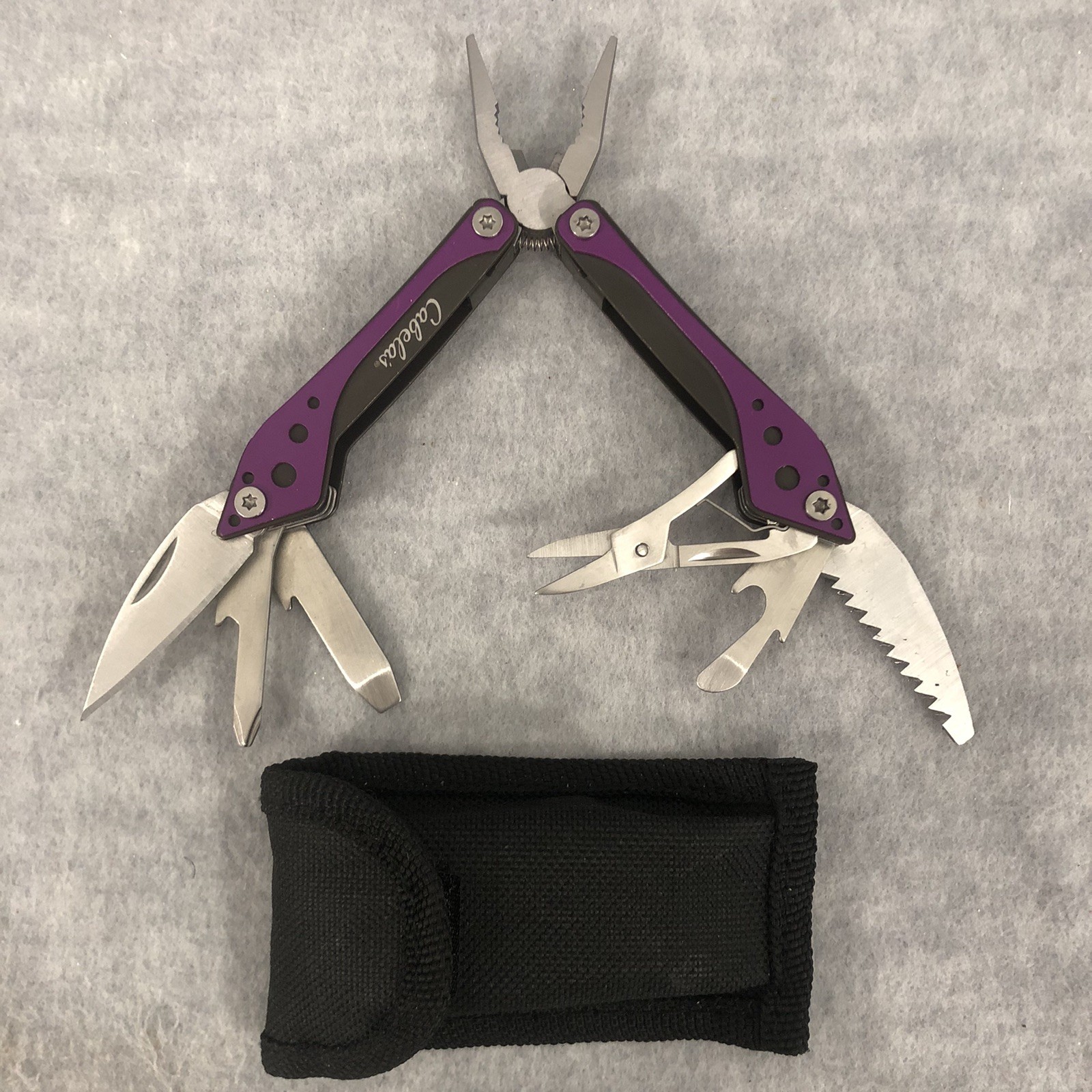 Cabela’s Multi-Tool Purple 3” Closed With Black Nylon Case With Belt Loop Clean