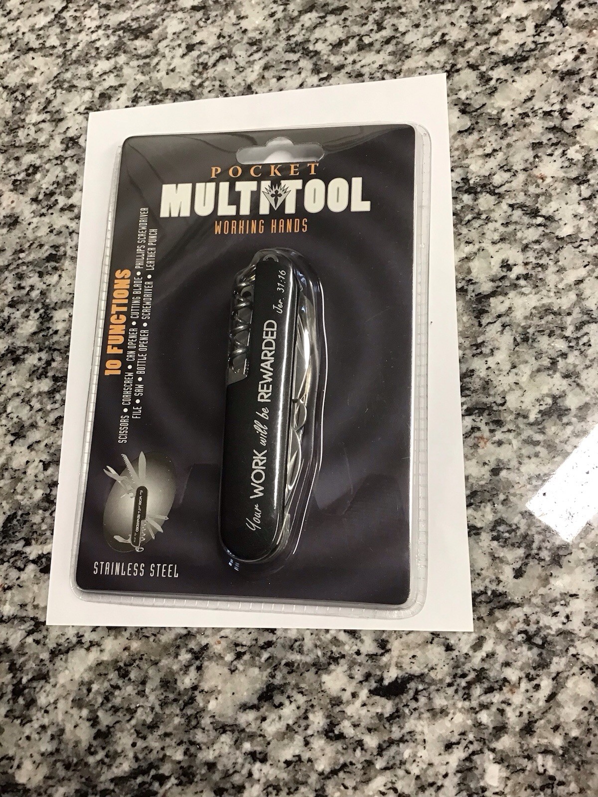 NIP 10 Function Pocket Multi Tool W/ Jer. 31:16 Verse Very Nice! Stainless Steel