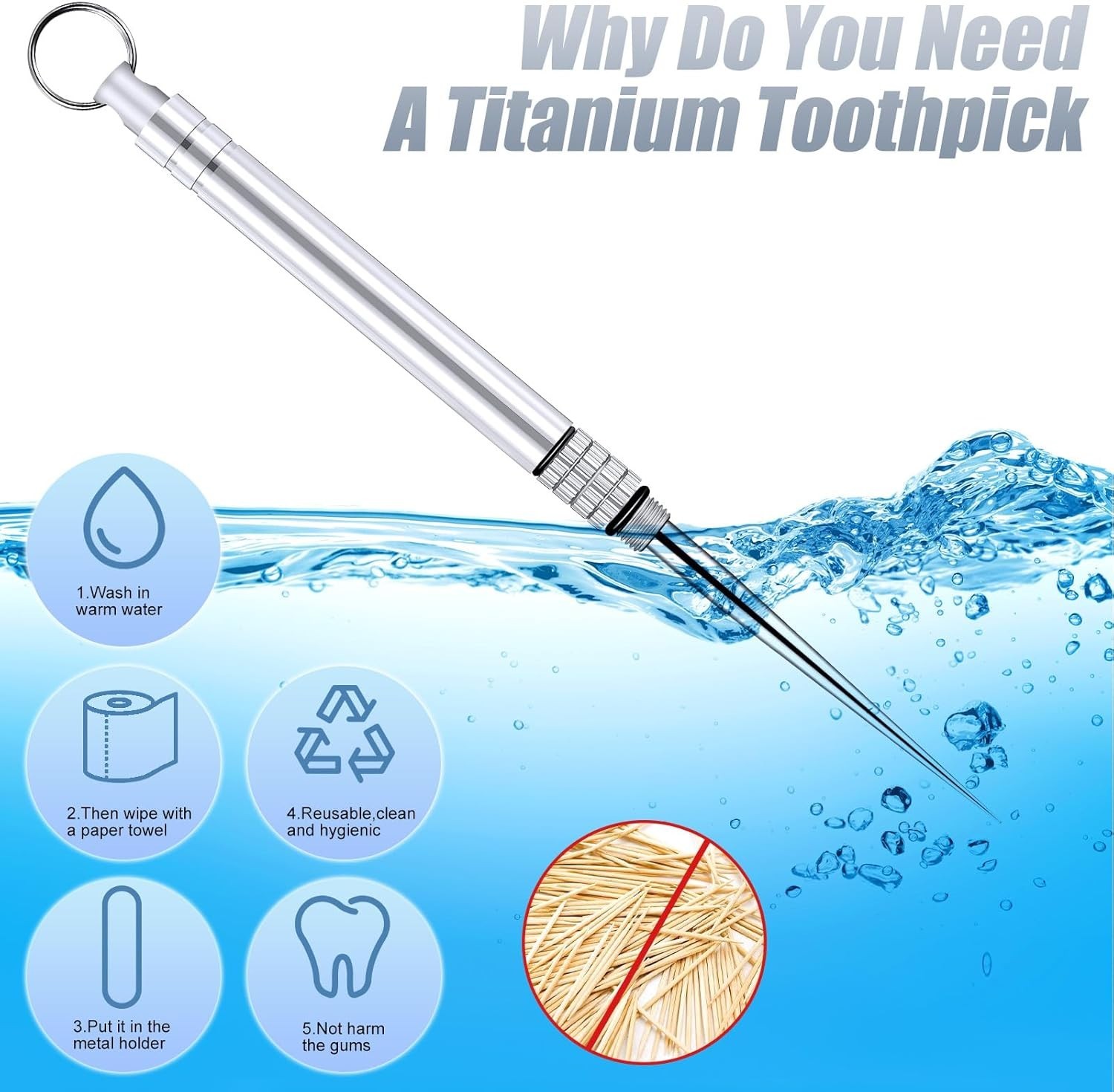 Metal Titanium Toothpicks, 8Pcs Silver Reusable Keychain Telescopic Toothpick