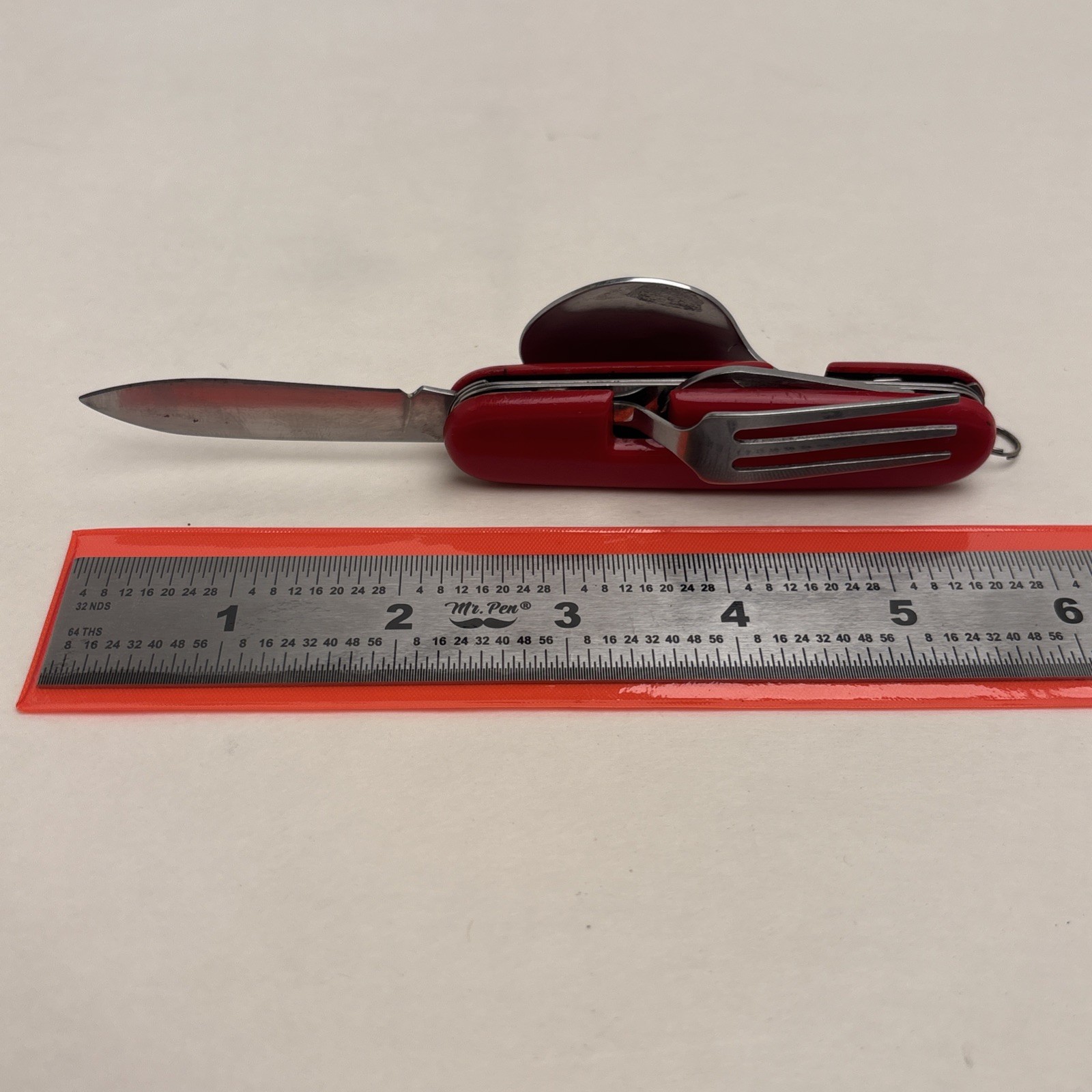 Vintage Red Camper 6 Tool Folding Knife Spoon Fork Can & Bottle Opener Hunt Camp