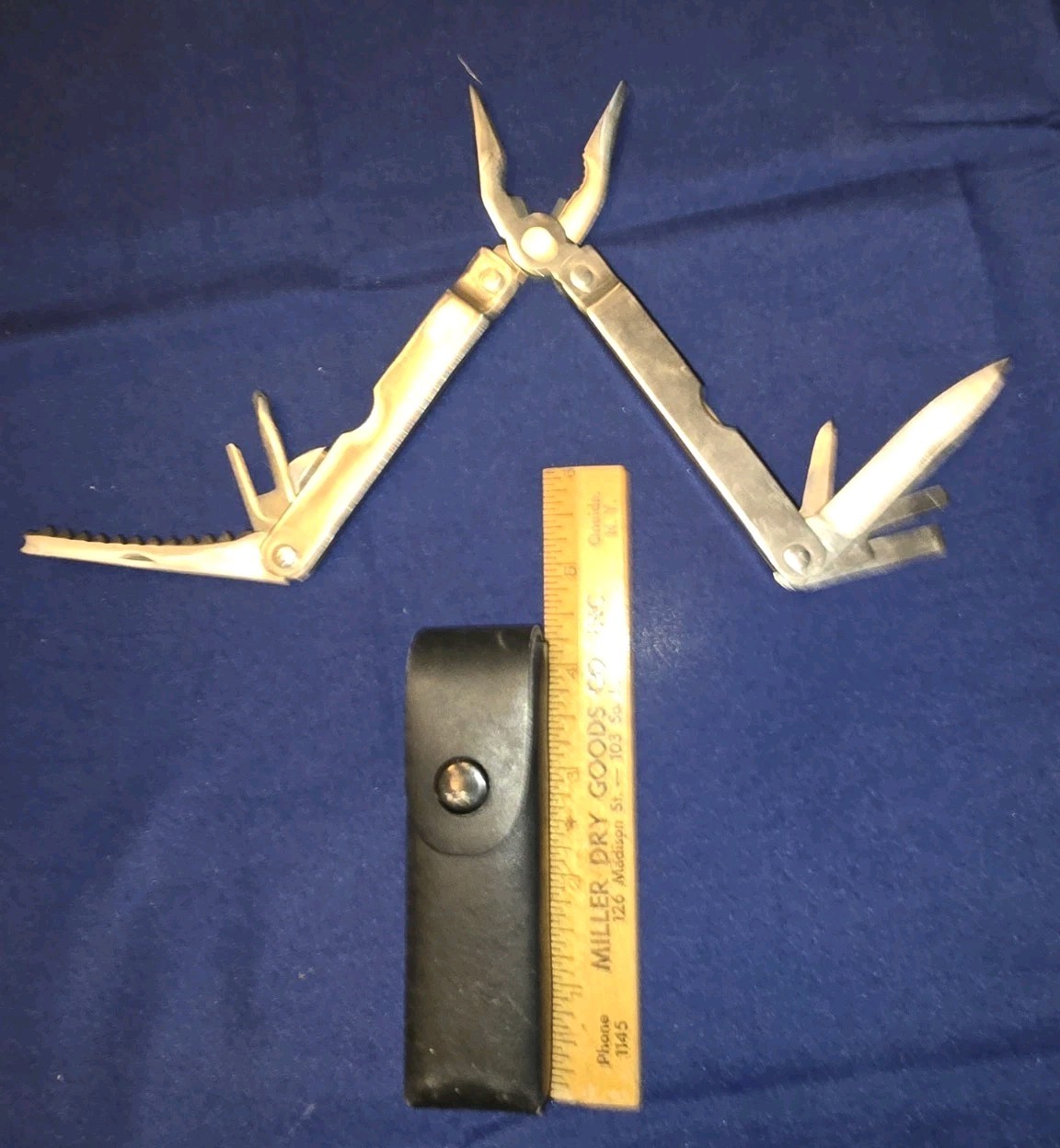 Multi-Tool Stainless Steel Knife W/ Leather Case Screwdriver Hole Punch Ruler+