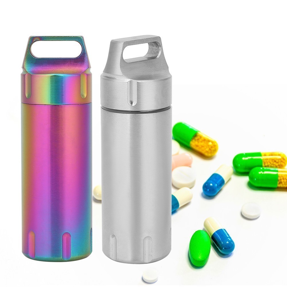 Portable Waterproof Stainless Steel Pills Case Container Bottle Keychain