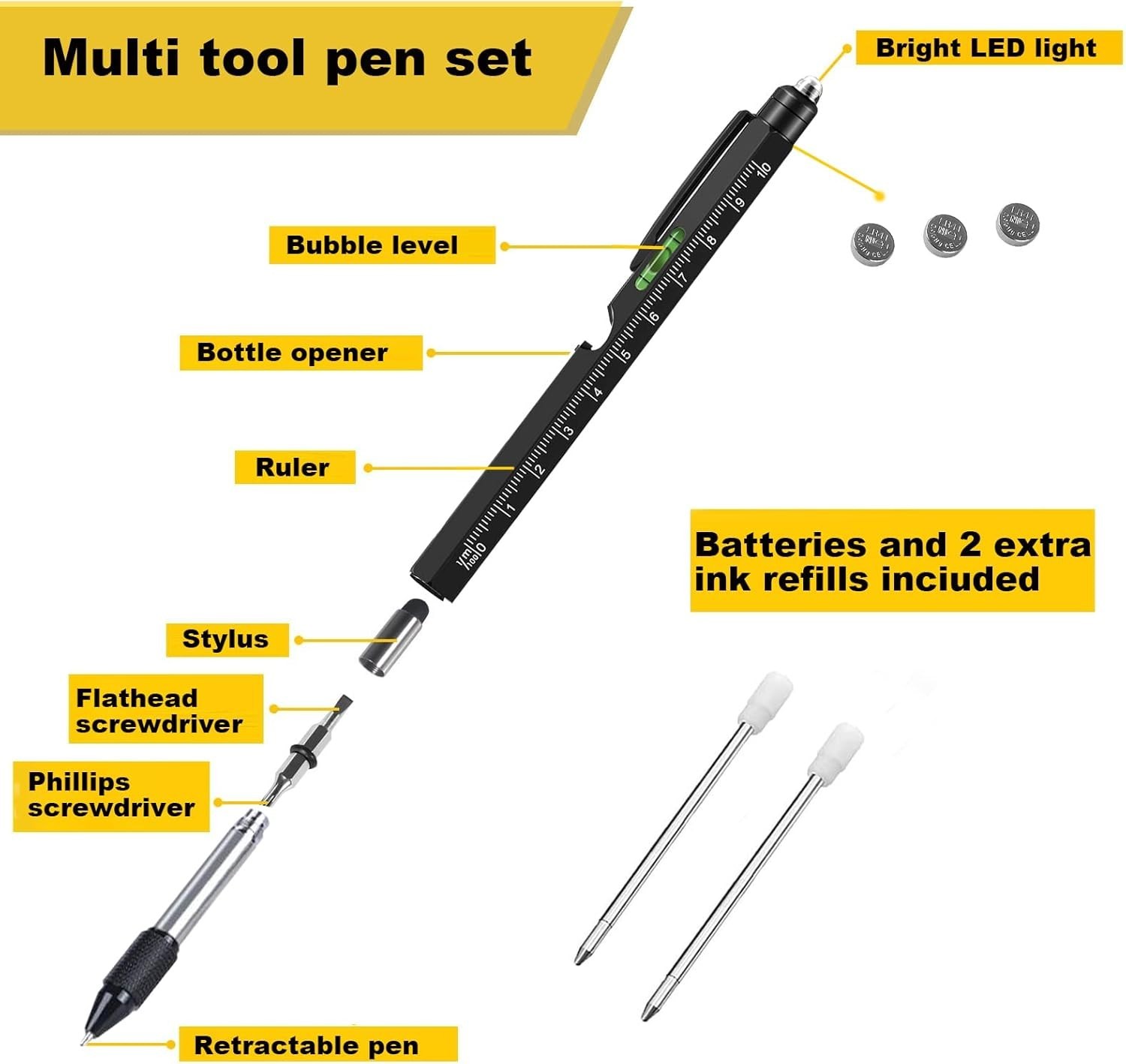 Multi-tool Pen Set 9 in 1 Gift Pen Men Ruler Metric Imperial Screwdriver Flat