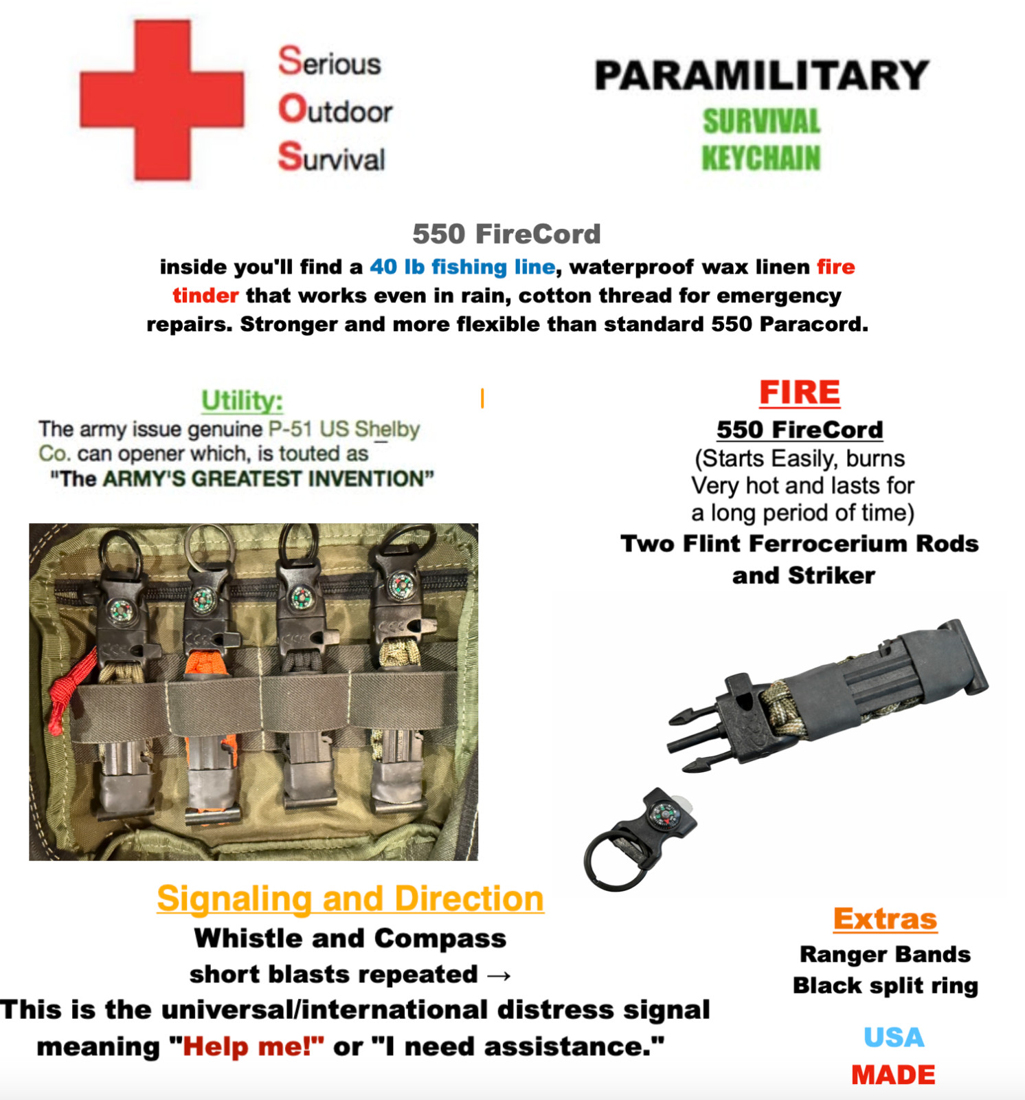 Paracord Survival Keychain — USA Made | Fire, Signal, Navigate & More