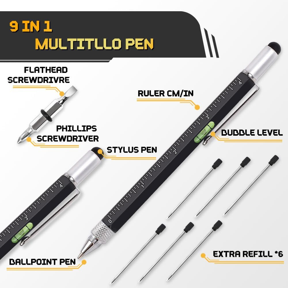 Stocking Stuffers for Men, 9 in 1 Multitool Pen 2Pcs and Refill 6Pcs, Unique Tec