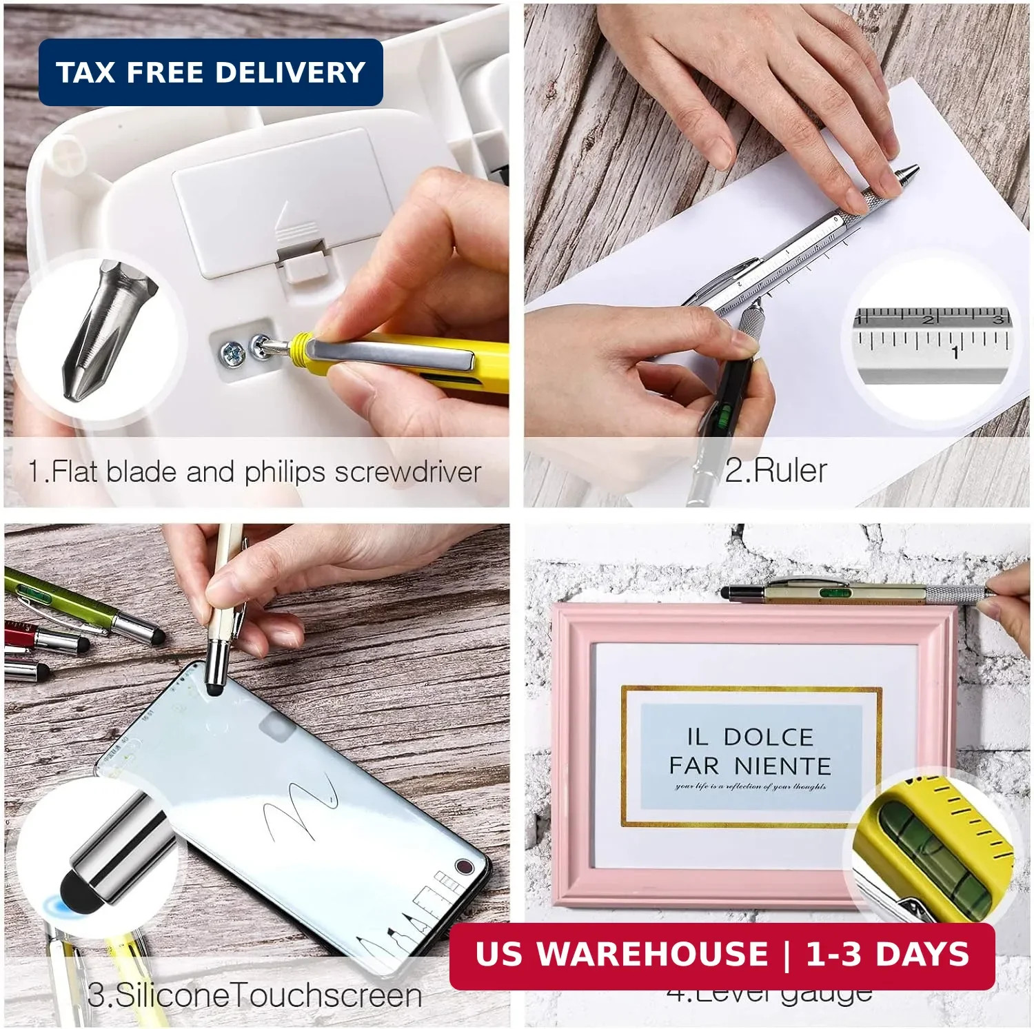 Zhanmai 4 Pcs Gift Pen for Men 6 in 1 Multitool Pen with Ruler Level Refills Scr
