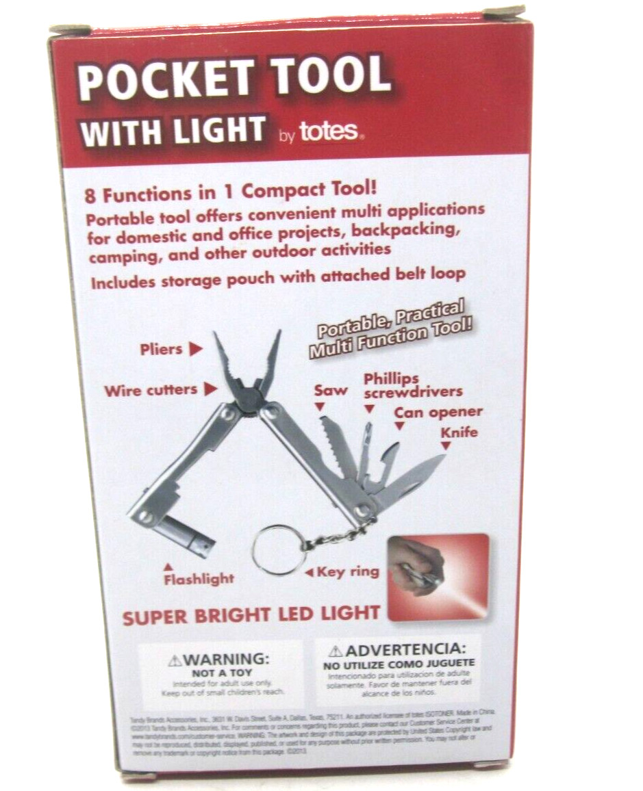 Totes Pocket Tool with Light Red Handle Pliers Wire Cutters Saw Screwdriver More