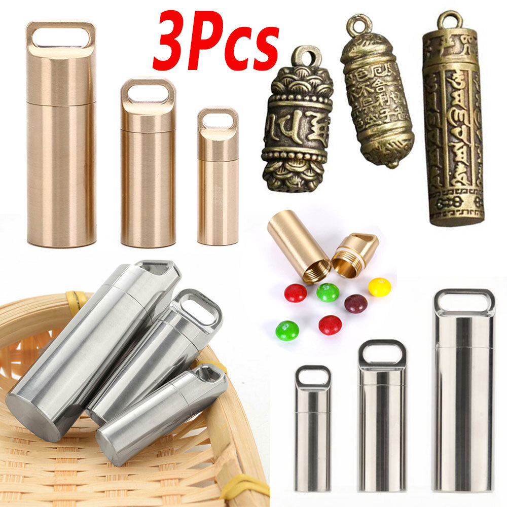 3X(S+M+L) Keychain Medicine Bottles Capsule Pill Box Spiral Brass Drug Case EDC