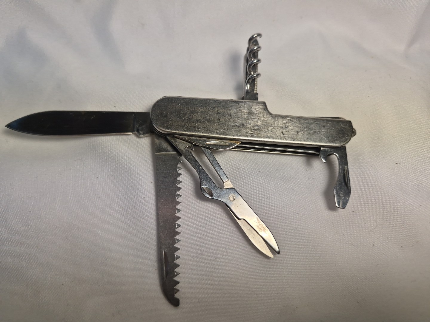 10 MULTI TOOL Silver VTG MERRYMANS Pocket Advertising Knife Army Camp Survival