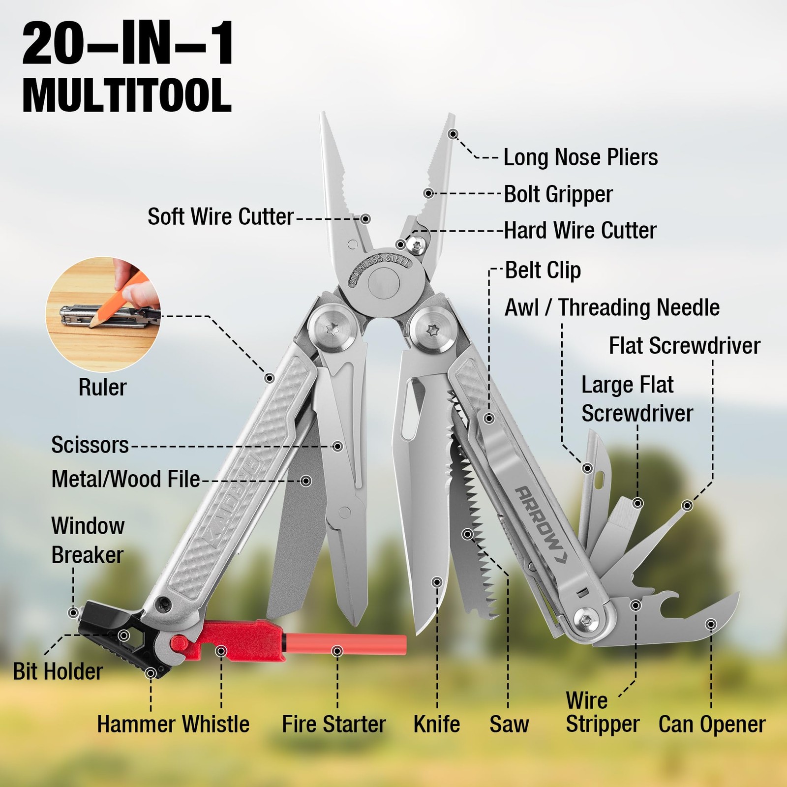 ARROW 20-In-1 Multitool, Gifts for Men Dad, Stainless Steel Multitool Pliers …