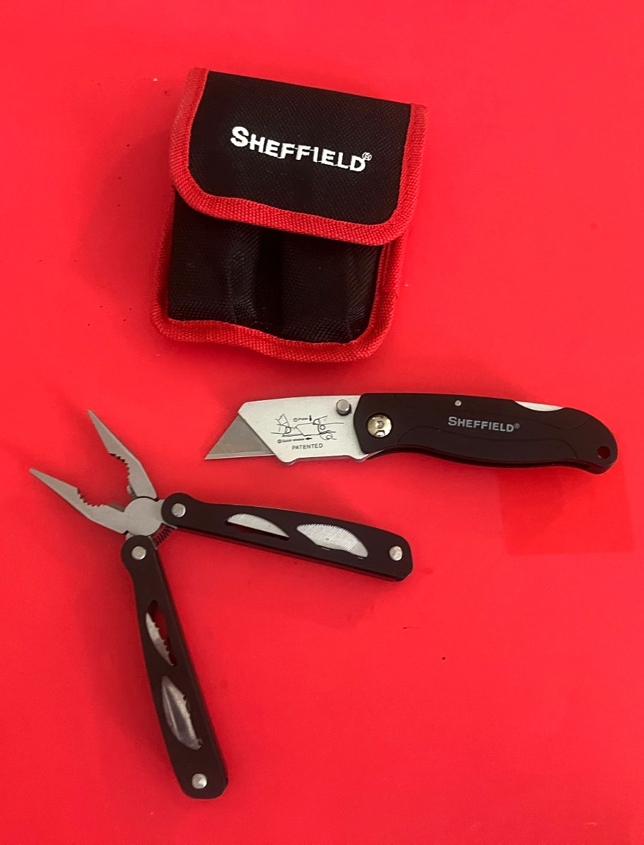 SHEFFIELD MULTI-TOOL AND BOX CUTTER KNIFE SET of 2 in CARRYING CASE