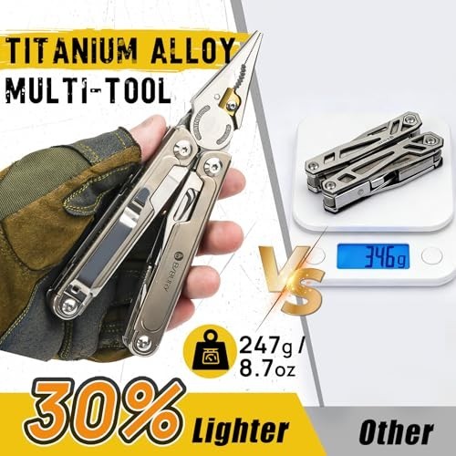 24-in-1 Titanium Multitool Pliers, Ultra-Light EDC Pocket Tool with Sheath, Camp