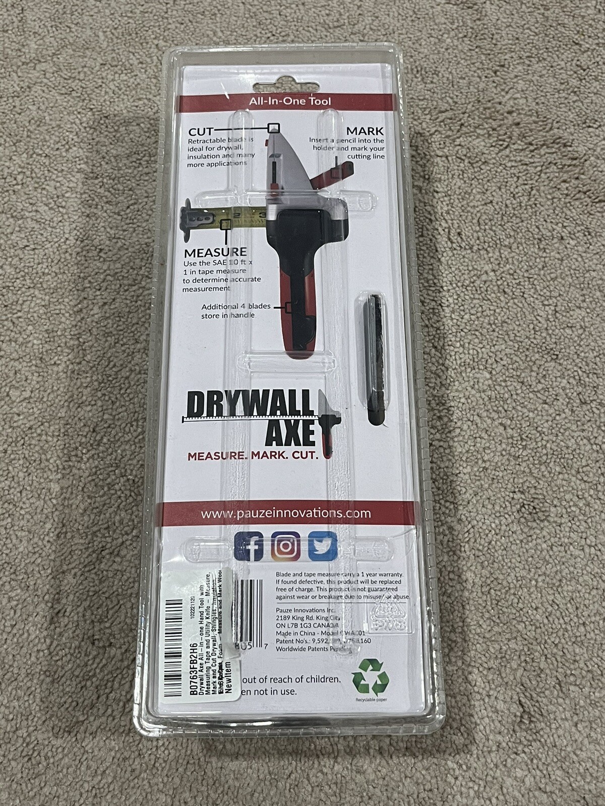Drywall Axe All-in-One Tool W Measuring Tape and Utility Knife Factory Sealed