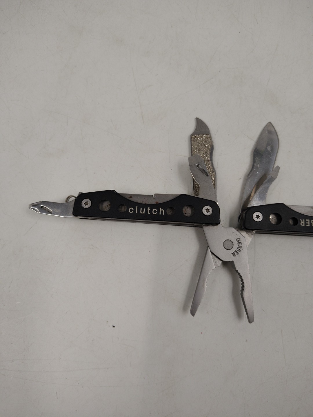 Lot Of 2 Gerber Clutch Multi-Tool Pliers, Knife, File Key Ring & Chipaway Knife