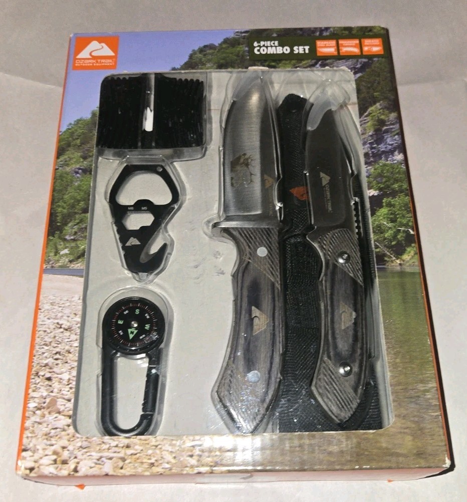Ozark Trail 6 Piece Combo Knife Set Sheath Belt Clip Camping Sharpener Compass