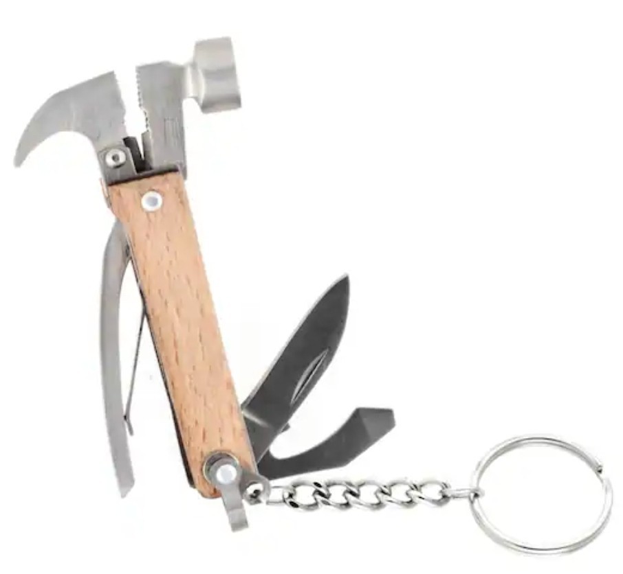 Kikkerland KR13-W Mini Wooden Hammer Tool Keyring 7 in 1 Bottle Opener Knife