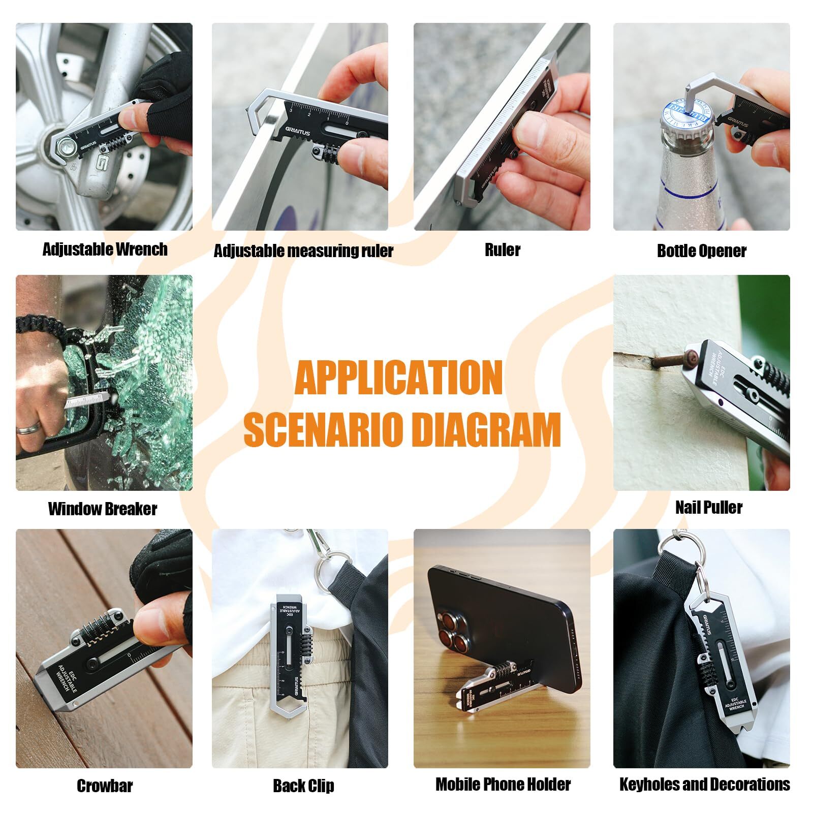 9IN1 Multitool Edc Pry Bar with Adjustable Wrench Emergency Hammer…