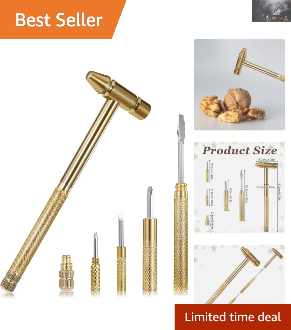 6-in-1 Mini Copper Hammer Tool with Screwdrivers – Portable & Elegant Gold