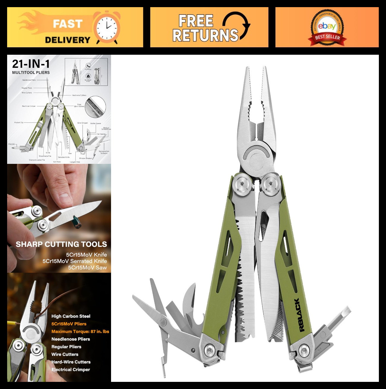 21-in-1 Multi Tool Pliers with Safety Lock, Spring-Action Scissors, Heavy-Duty S