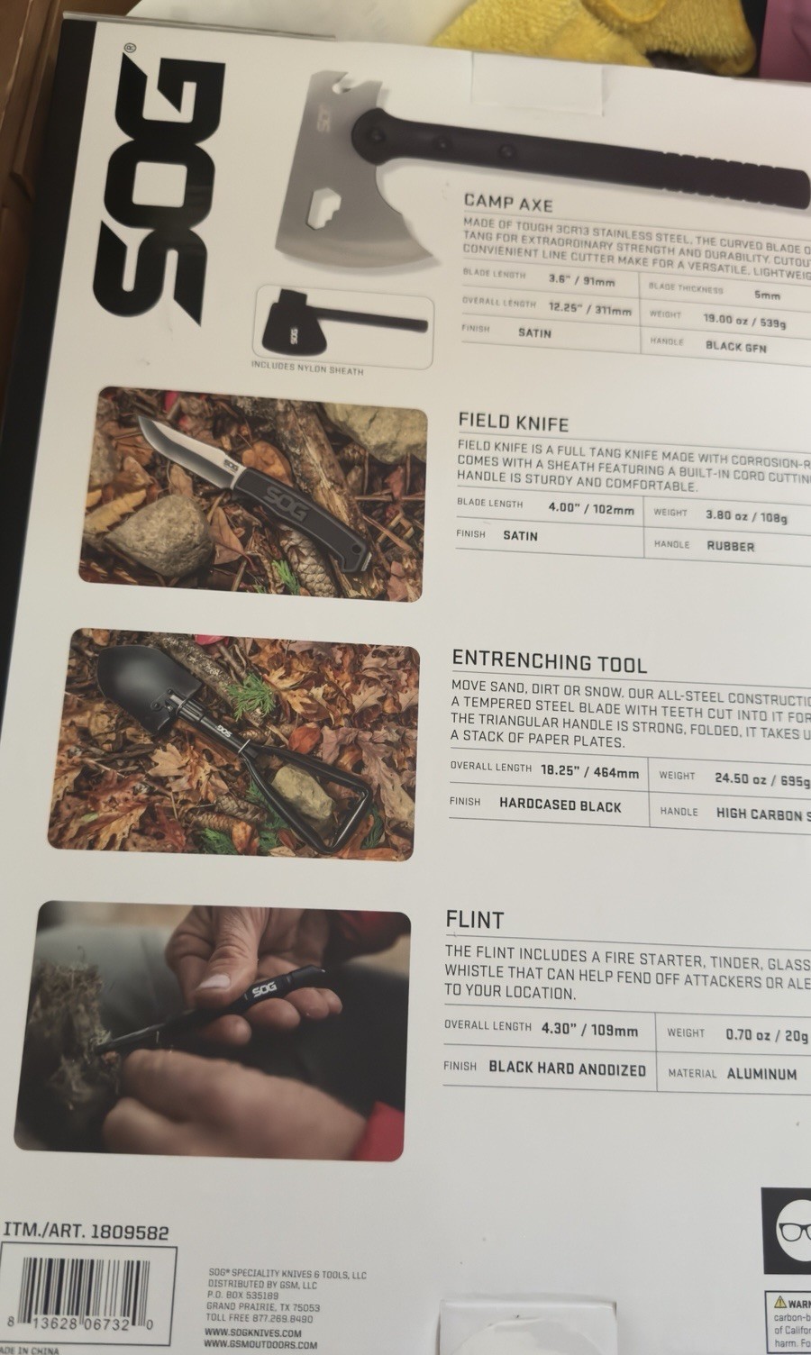 SOG Ultimate Camping Kit, Field Knife, Camp Axe, Entrenching Tool, Flint New