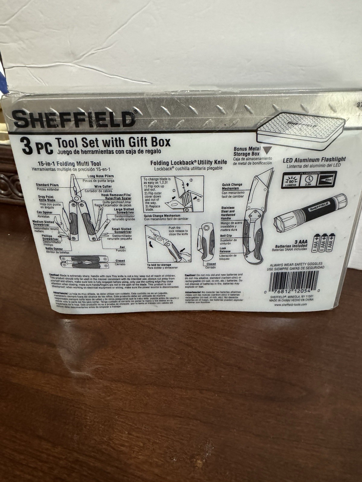 NEW Sheffield 3 Pc Tool Set With Tin Box Multi Tool Utility Knife Flashlight
