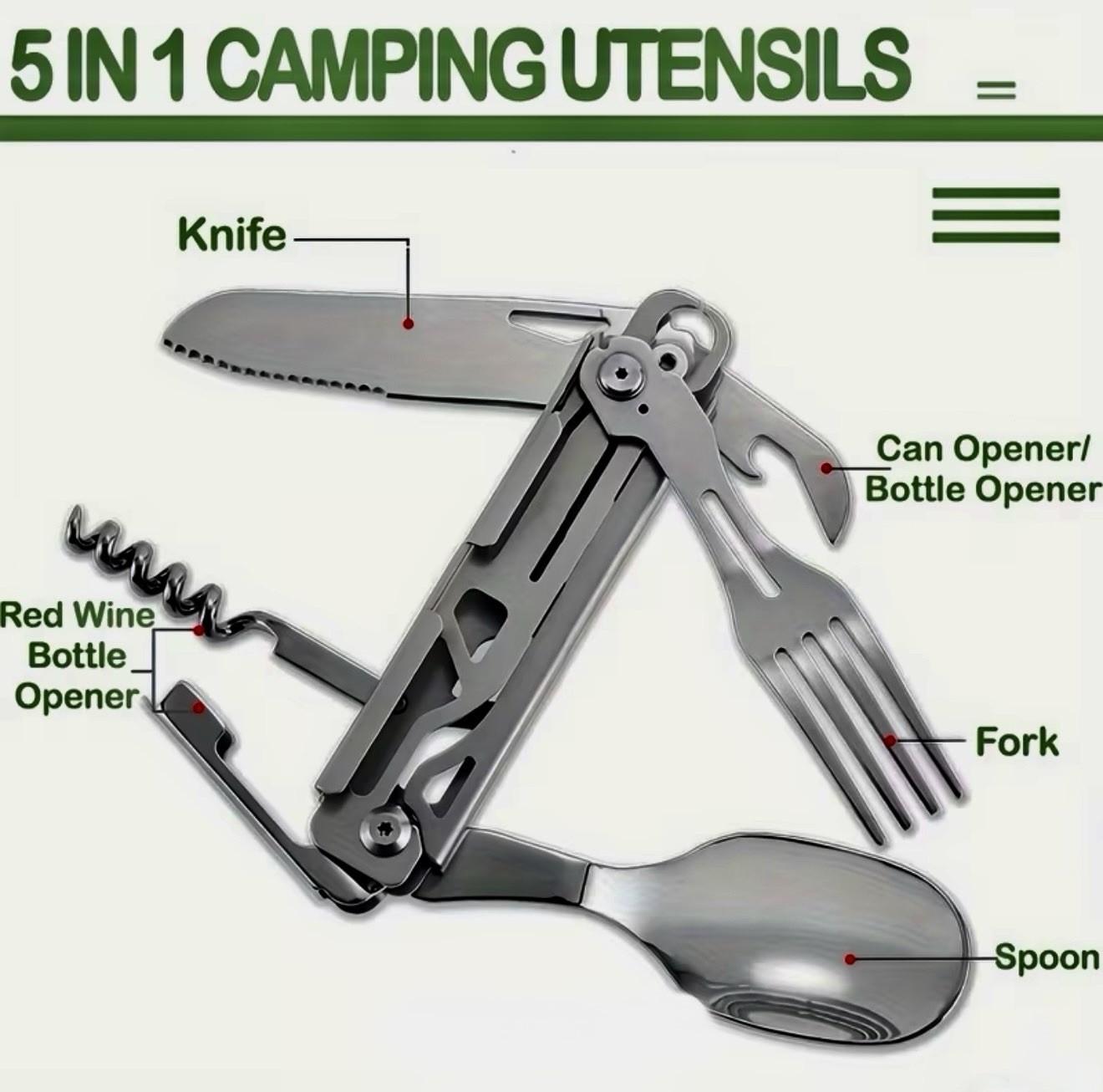 FOLDING UTENSIL MULTI-TOOL (Stainless Steel With Cloth Tote Case) 5 In 1 Tools