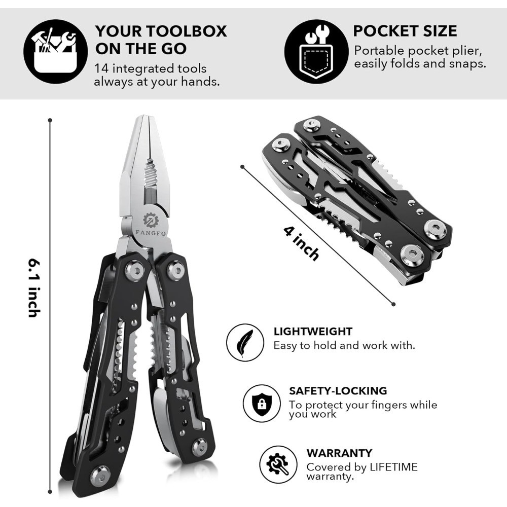 Professional 14-in-1 Stainless Steel Multitool Pliers with Safety Lock Knife