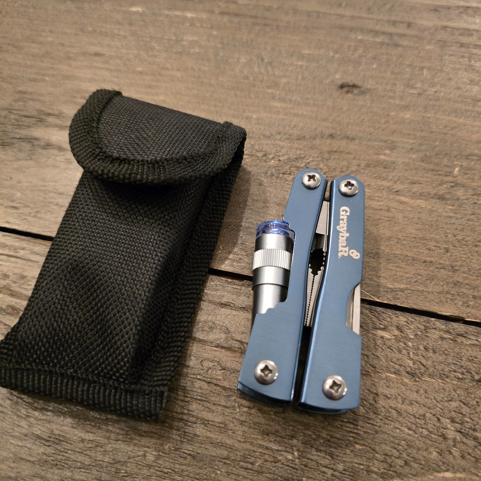Graybar Multi Tool Pliers Blue Flash Light Knife Folding with Case