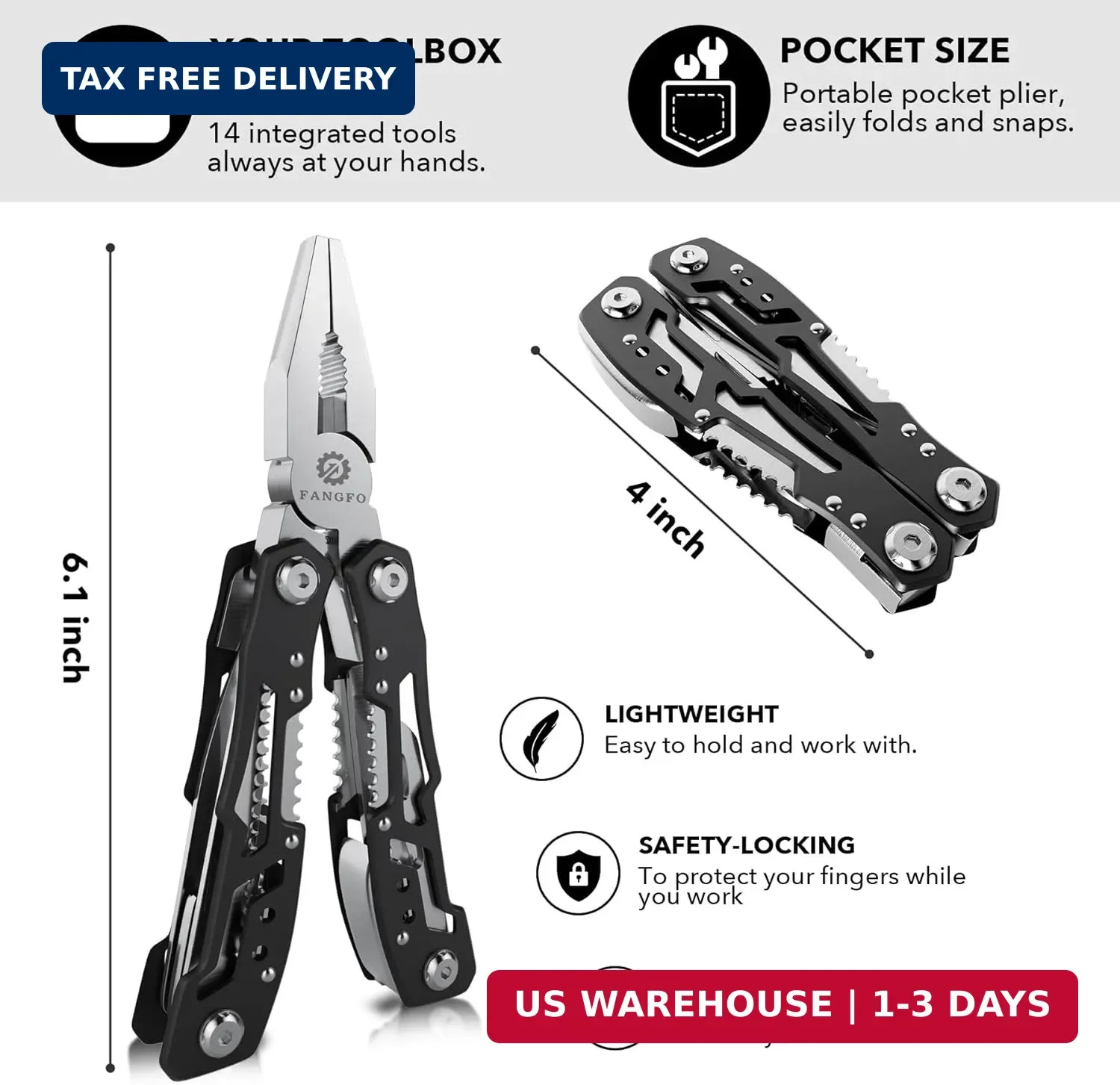 14-In-1 Multitool with Safety Locking, Professional Stainless Steel Multitool Pl