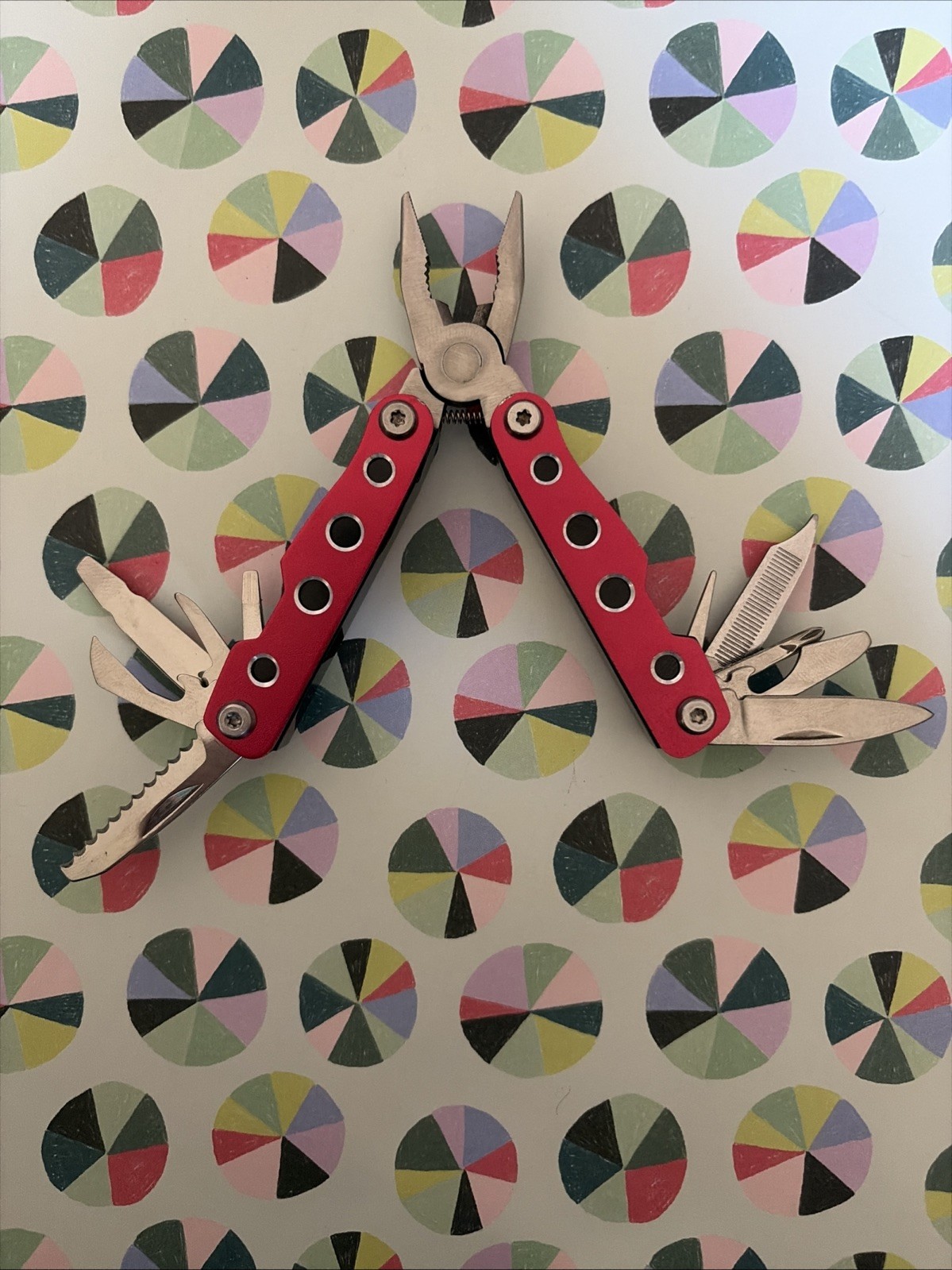 Multi-Tool Knife, Pliers – 11 in 1 Red With Sheath Measures 2 1/2” Closed -New