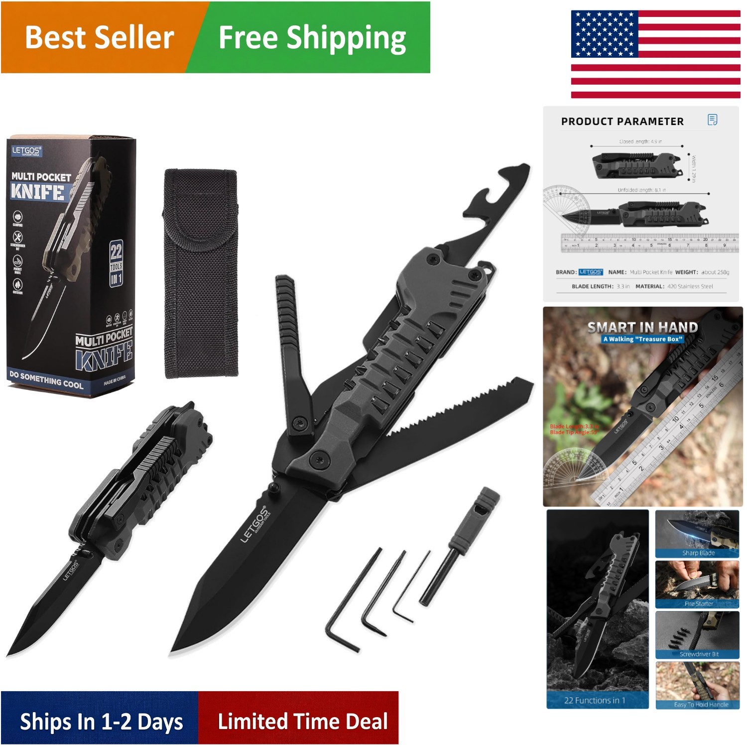 22-in-1 EDC Multi Pocket Knife – Essential Camping & Survival Tool with Sheath