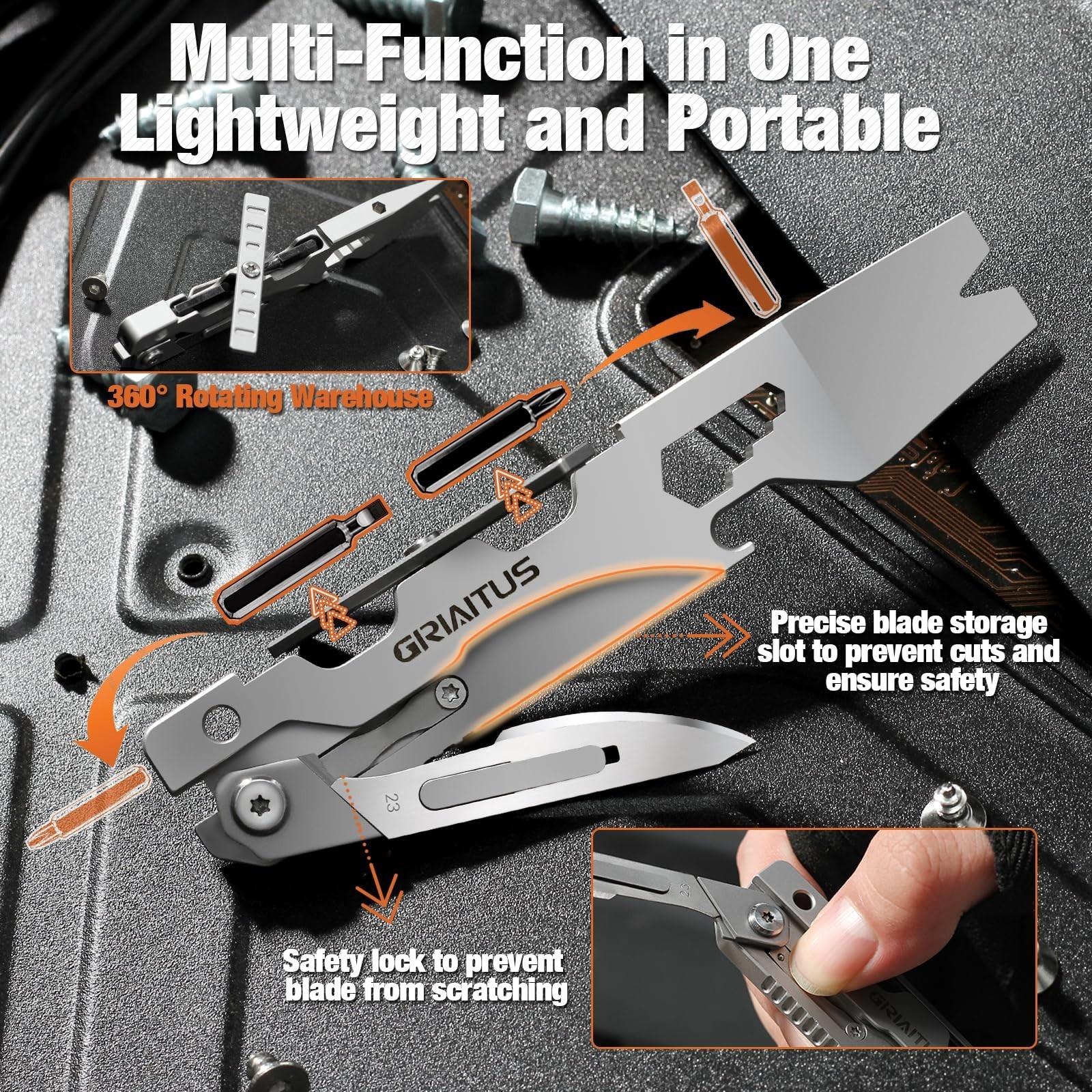 Versatile Multitool Pry Bar Wrench with Screwdrivers, Box Cutter, Bottle Opener
