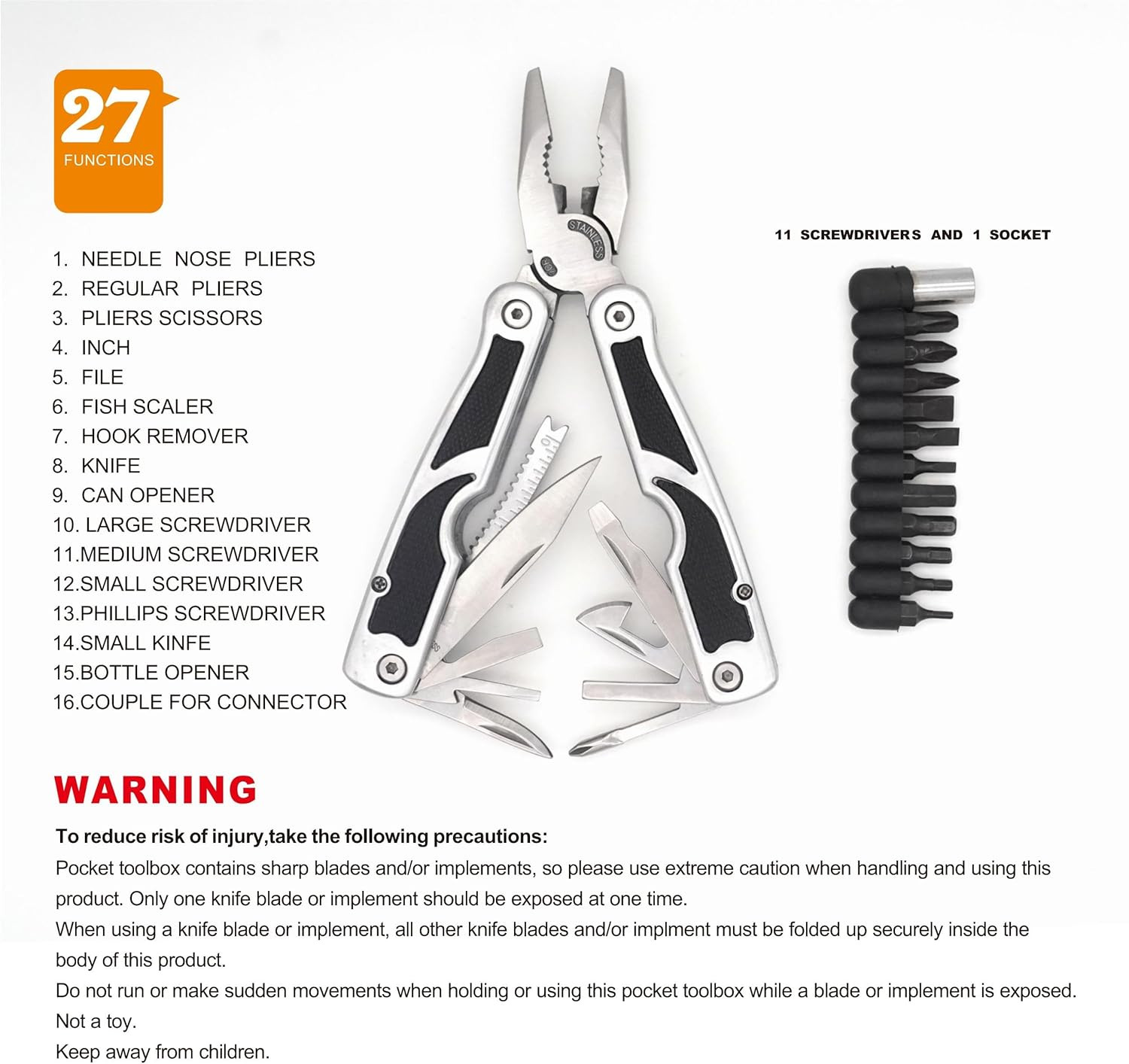 PLB027 Stainless Steel Multi-Function Plier. 27 Functions with Knife, Fish Scale
