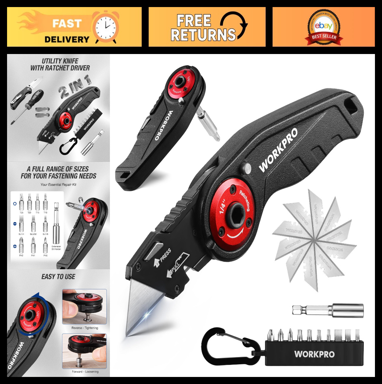 2-in-1 Folding Utility Knife & Ratcheting Screwdriver, Heavy Duty EDC Tool, Quic