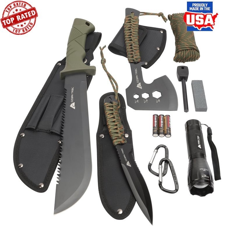 Camping Tool Set 12 Pack Machete Knife Flashlight Fire Starter Sheaths Carabiner