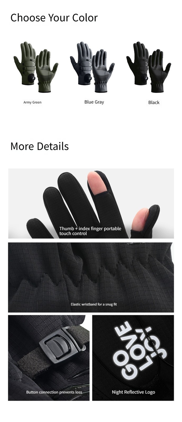Button style windproof and cold proof outdoor hiking and cycling warm gloves