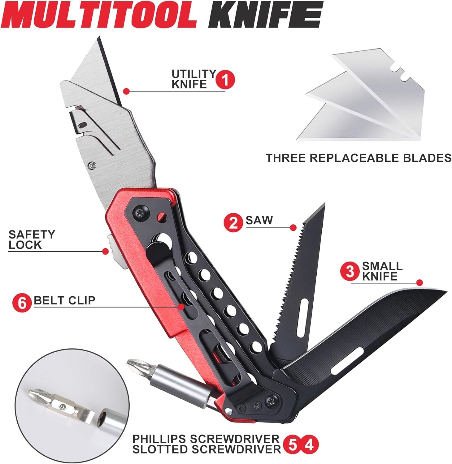 Multitool Knife, Box Cutter, EDC, Work Folding Knifes, 6 in 1 Multitool for Men