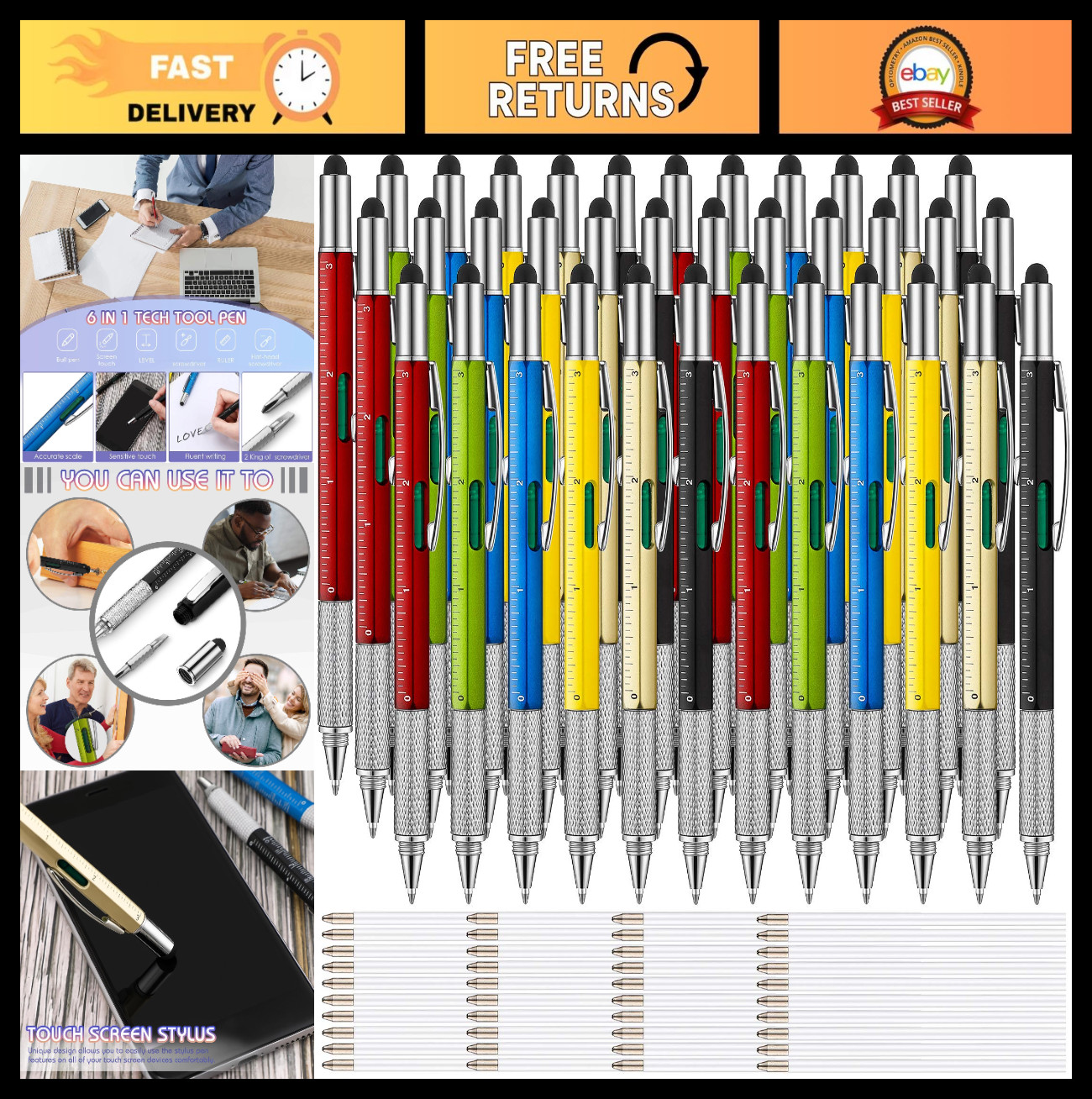 36 Pcs 6-in-1 Multi Tool Pen Set – Ruler, Level, Screwdriver, Touch Screen, Ball